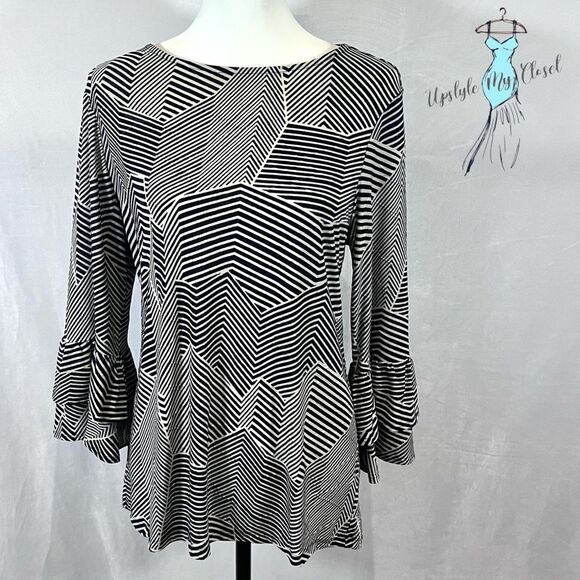 Long layered bell sleeve navy and cream jacquard print top size medium - Picture 1 of 6